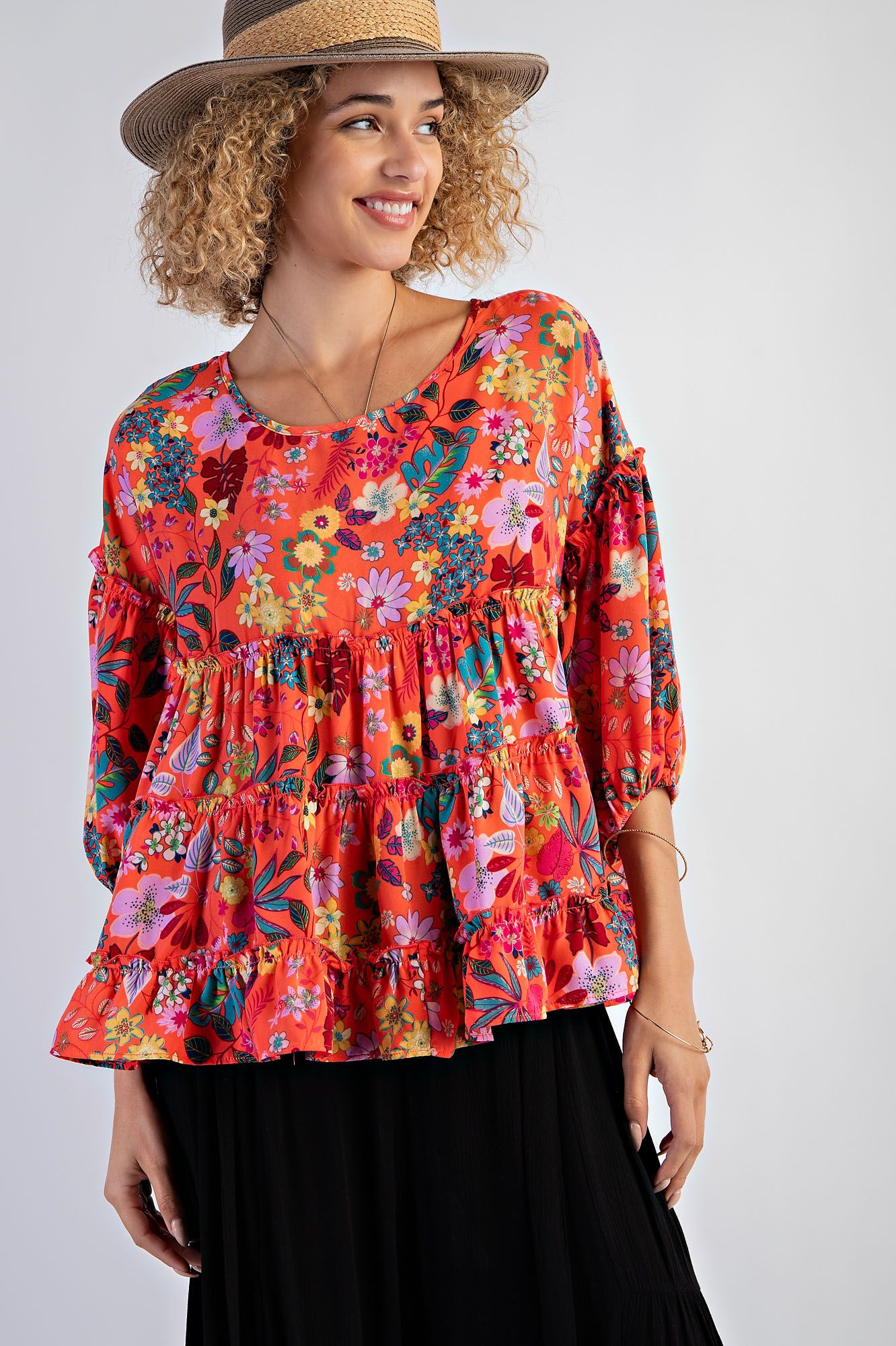 Tropical Coral Babydoll Top - Regular and Curvy - Buttercup Lynne Boutique