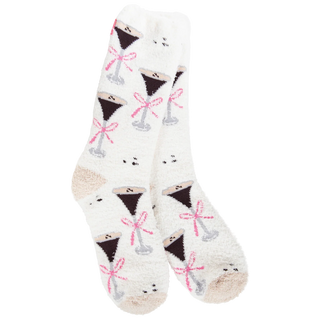 World's Softest Socks fuzzy cream socks featuring espresso martini cocktail glass pattern with pink bows