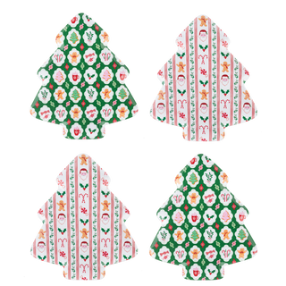 Four Christmas-themed hooded headbands arranged in a 2x2 grid on a white background. Two headbands have a green background with white holiday motifs including Santa Claus, gingerbread men, candy canes, and holly.