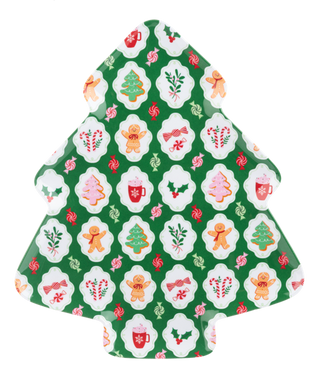 A Christmas tree-shaped decorative sign or plaque featuring a festive green background with a repeating pattern of white scalloped medallions containing gingerbread men, Christmas trees, candy canes, and holiday motifs.