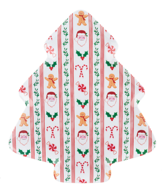 A Christmas-themed hooded towel with a white background and a repeating pattern of red stripes, green holly, candy canes, gingerbread men, and Santa Claus faces.