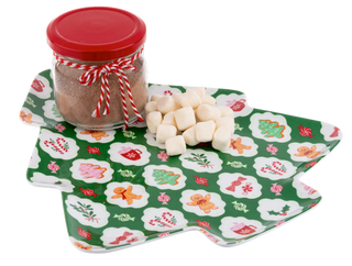 A Christmas-themed marshmallow hot chocolate kit featuring a glass jar filled with brown powder and topped with a red lid, tied with a red and white striped twine bow. A pile of white marshmallows sits on top of two green star-shaped paper doilies decorated with festive holiday illustrations, all set against a plain white background.