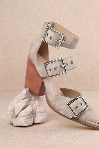 Mi.im nude buckle strap block heel sandals with square toe and metal toe cap
