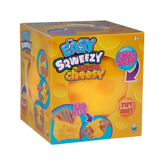 Orb Easy Sqweezy Super Cheesy yellow squishy toy in retail packaging box