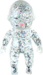 Clear glitter star-filled baby doll figure with pink lips, transparent sparkly body