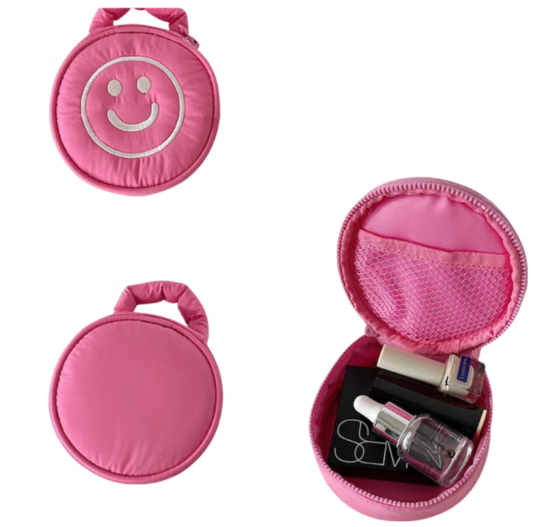 Cosmetic Puffer Bag Happy Face - Pink Lavender Lime Aqua - Buttercup Lynne Boutique