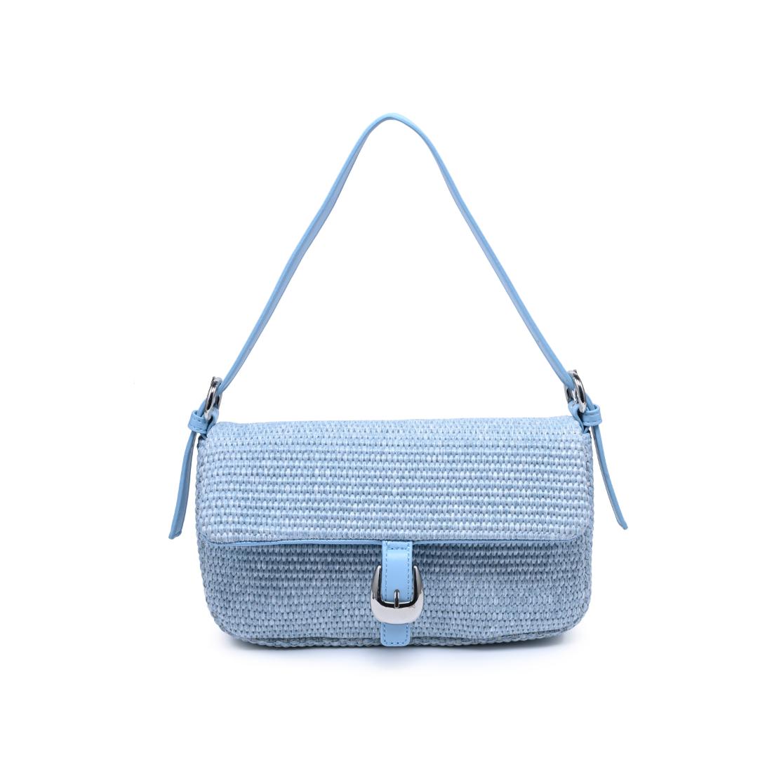 Light blue woven straw shoulder bag with silver hardware and adjustable strap