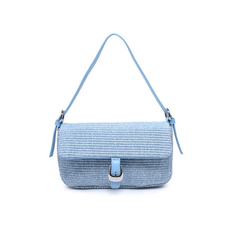 Light blue woven straw shoulder bag with silver hardware and adjustable strap