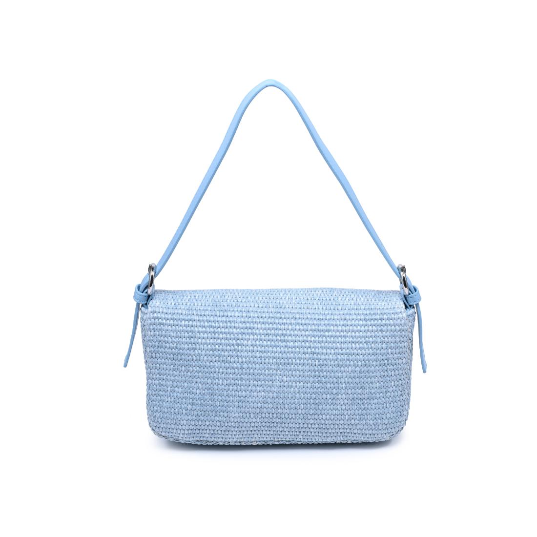 Light blue woven straw shoulder bag with adjustable handle