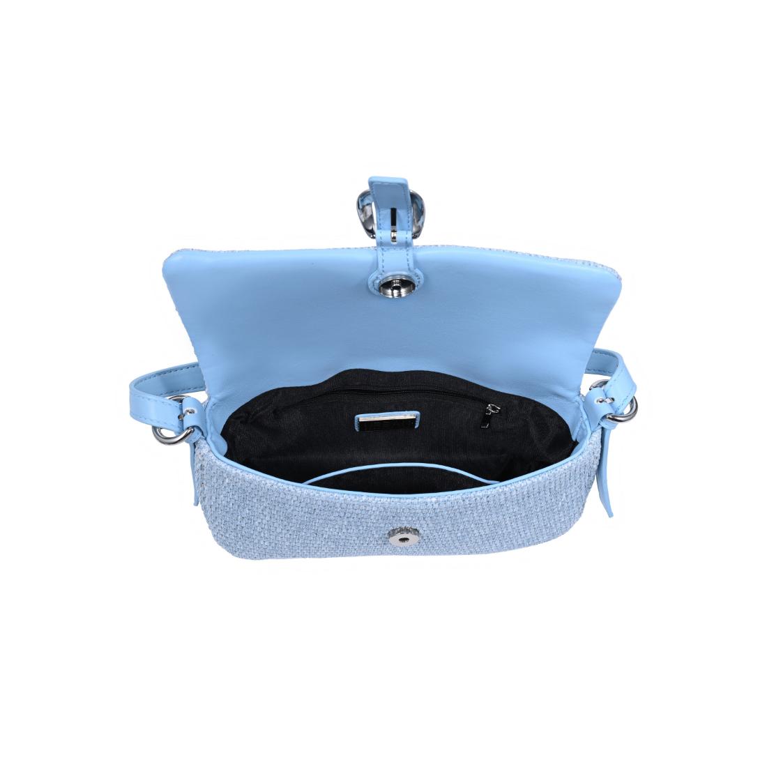 Light blue denim crossbody bag with woven texture, open flap showing black interior