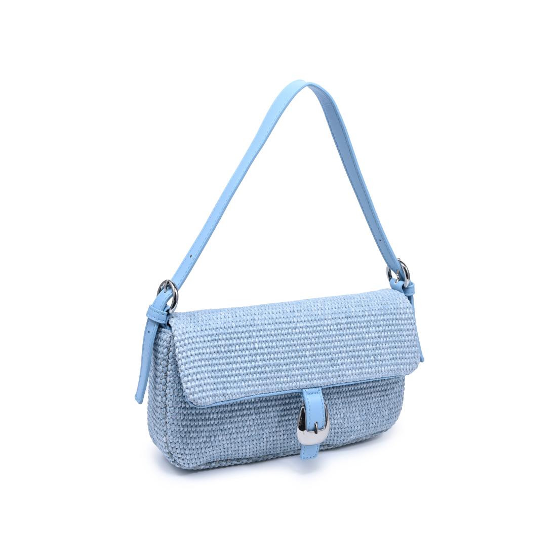 Light blue woven straw shoulder bag with flap closure and adjustable strap