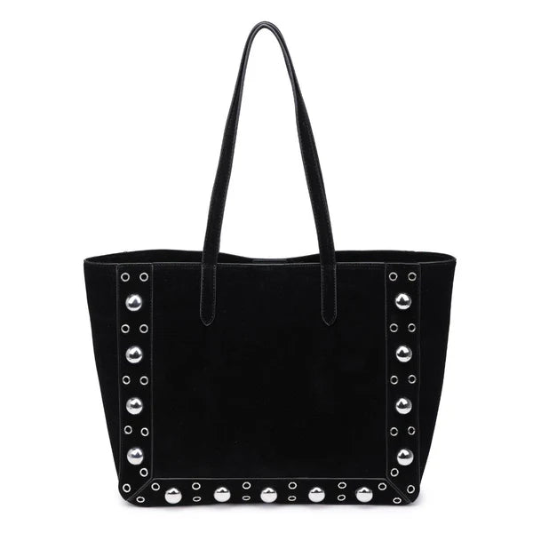 Black studded tote bag on a white background