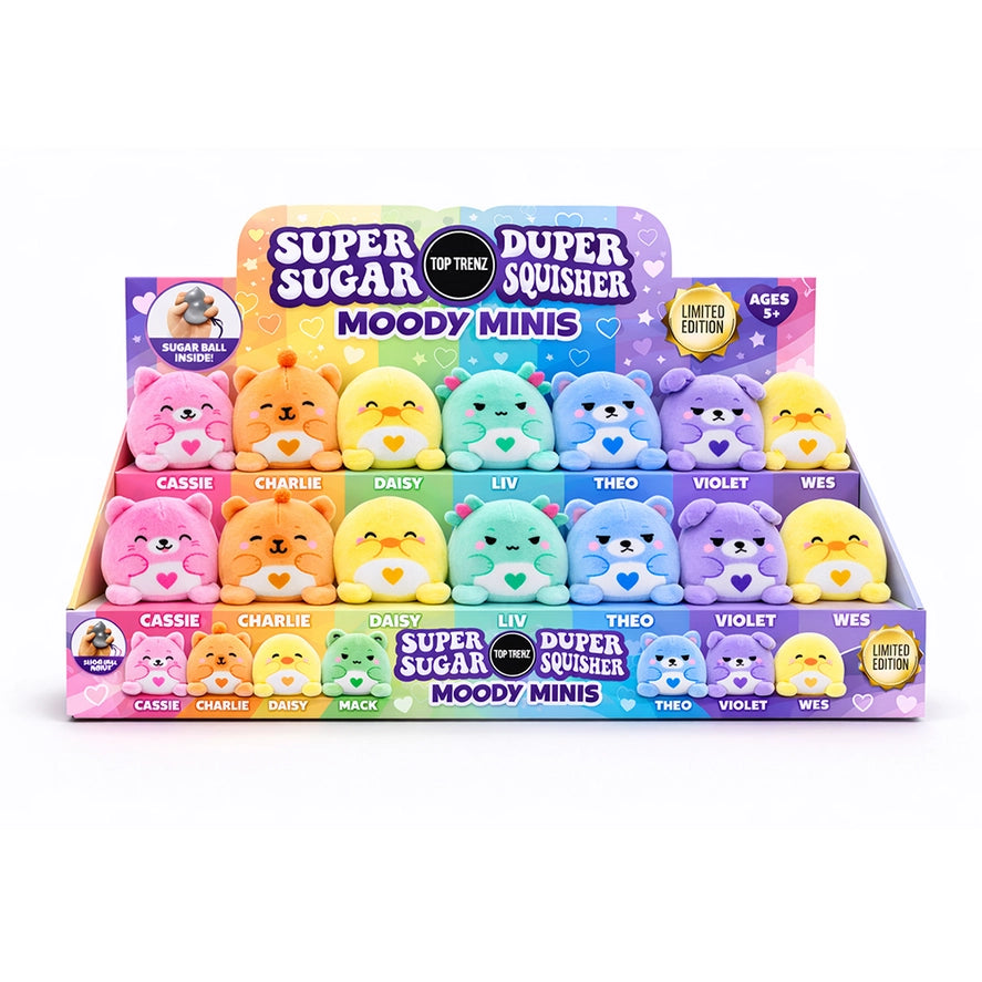 Display box of Super Sugar Duper Squisher Moody Minis with colorful characters on a white background