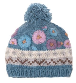 Meadow Blooms Embroidered Pom Pom Beanie