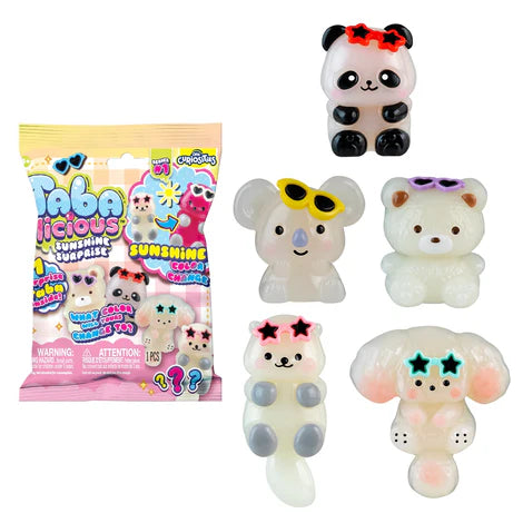 Set of cute animal-themed squishies with packaging on a white background