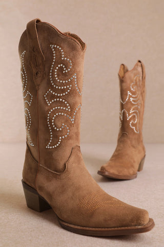 MiiM Sierra tan suede cowboy boots with rhinestone scroll embellishments and stacked heel