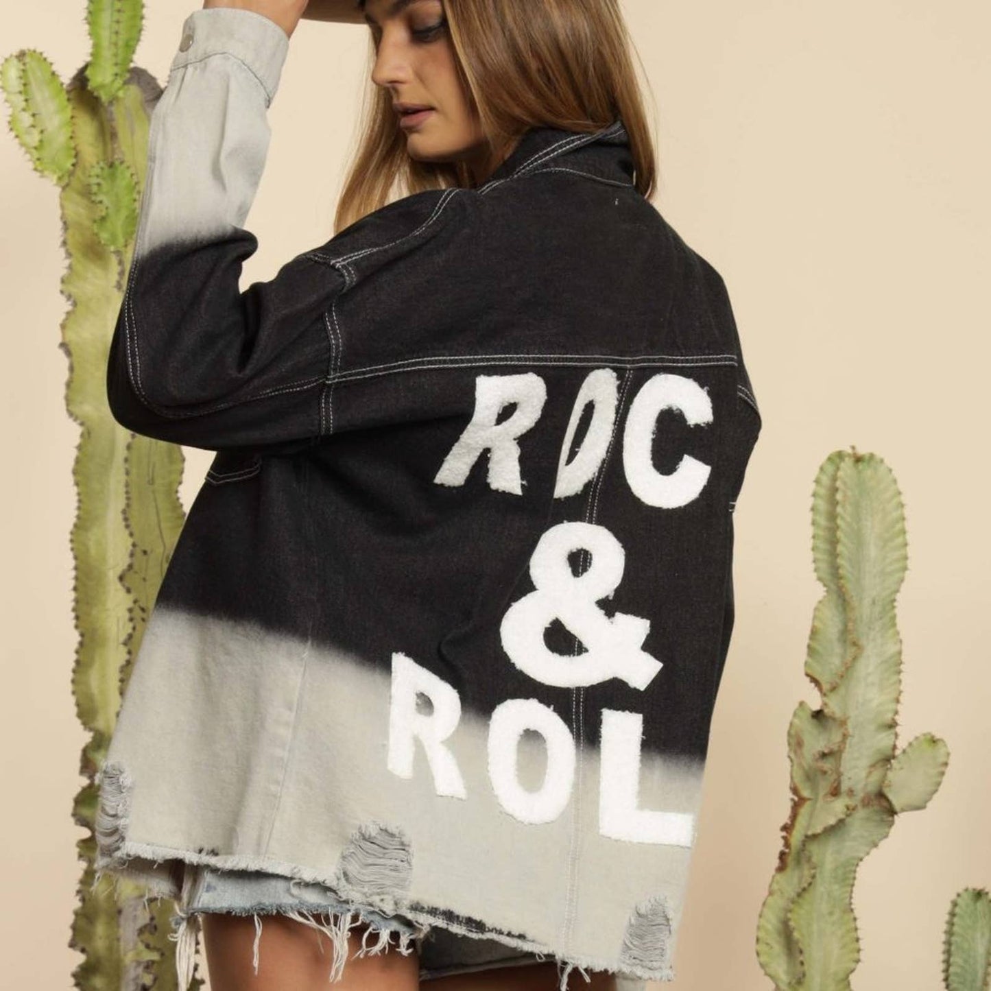 Denim Jacket Distressed with ROCK & ROLL - Buttercup Lynne Boutique