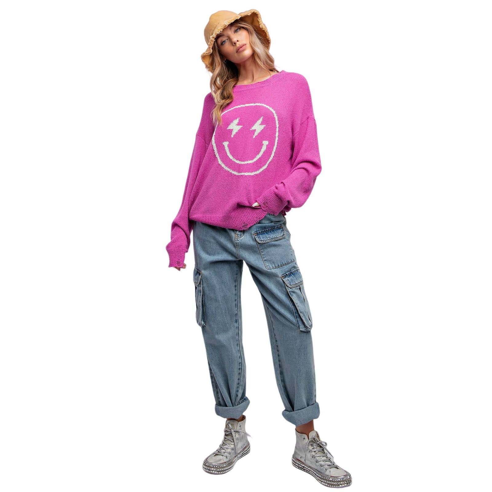 Smiley Face Knitted Sweater Relaxed Loose Fit - Regular and Plus - Buttercup Lynne Boutique