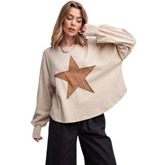 Suede Star Patch Jersey Top Drop Shoulder - Regular and Plus - Buttercup Lynne Boutique