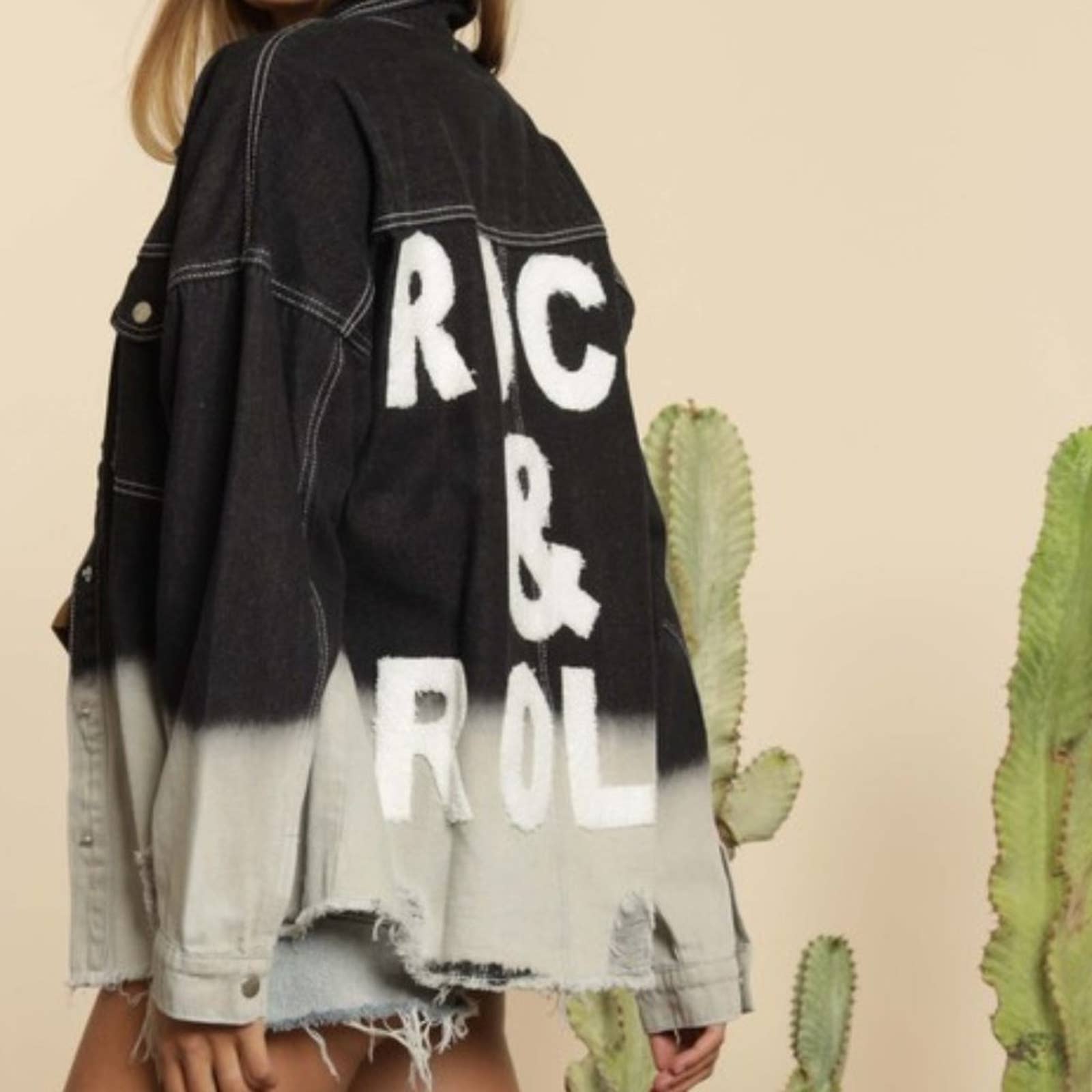 Denim Jacket Distressed with ROCK & ROLL - Buttercup Lynne Boutique