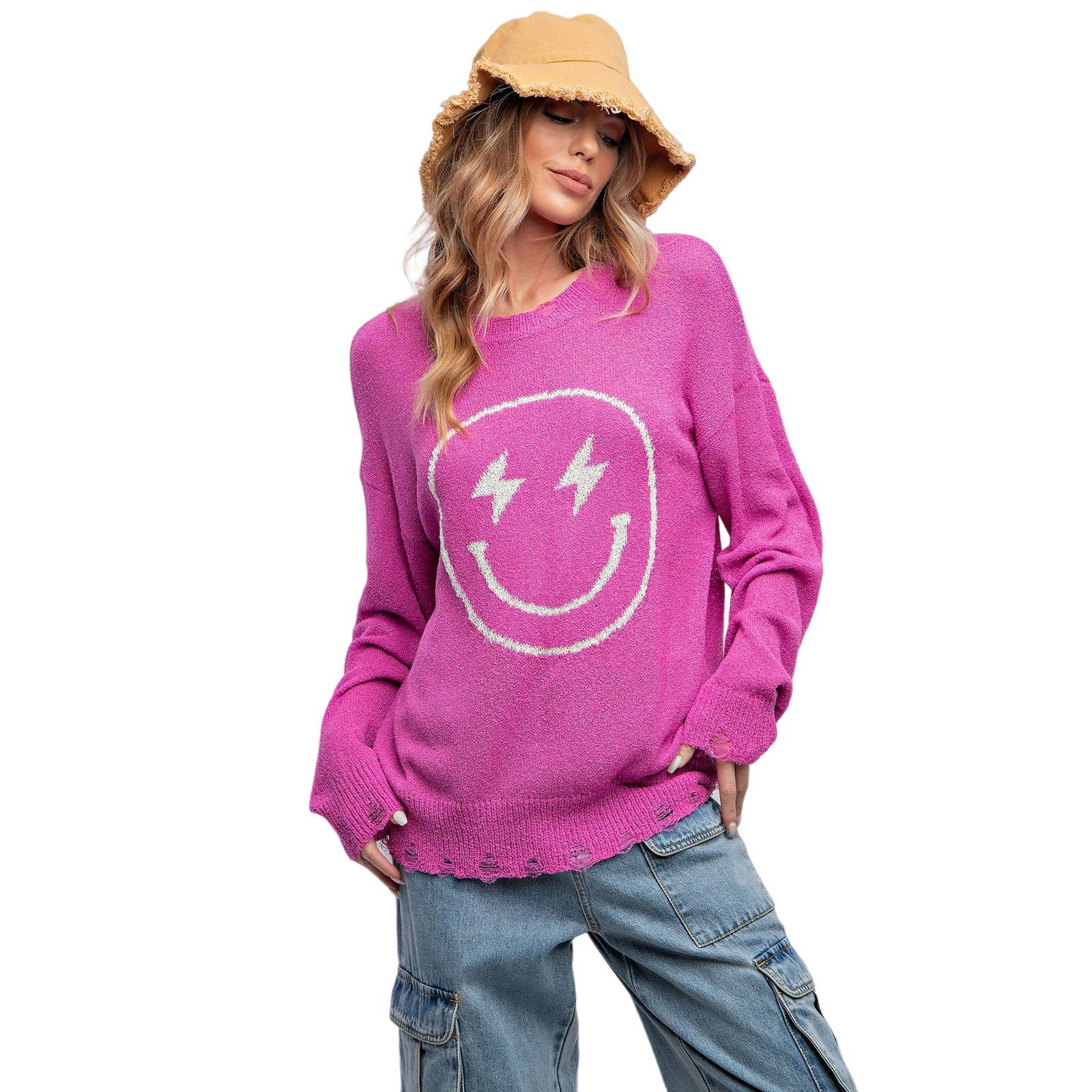 Smiley Face Knitted Sweater Relaxed Loose Fit - Regular and Plus - Buttercup Lynne Boutique