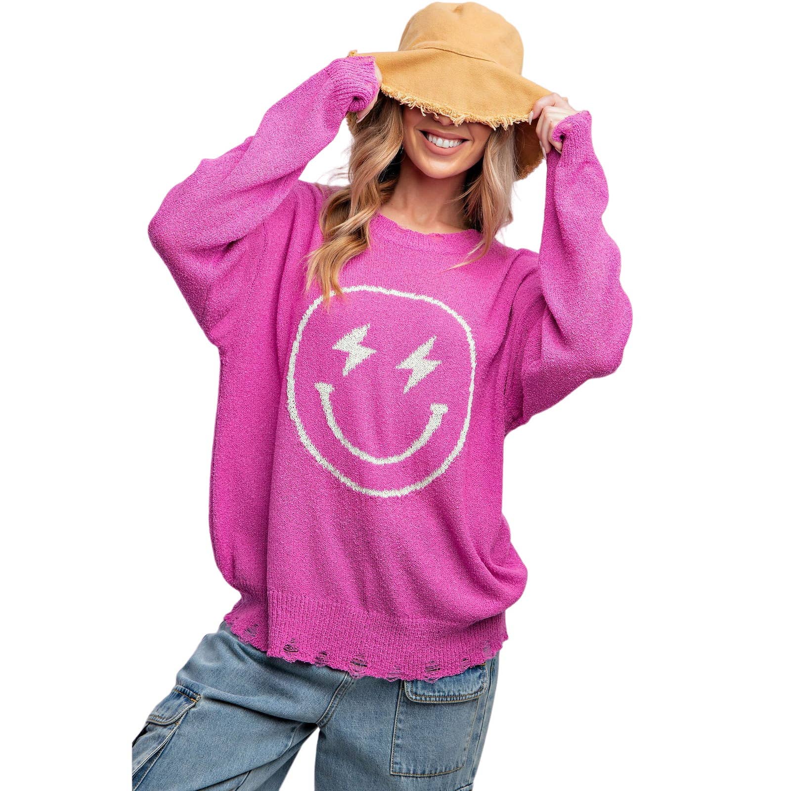 Smiley Face Knitted Sweater Relaxed Loose Fit - Regular and Plus - Buttercup Lynne Boutique