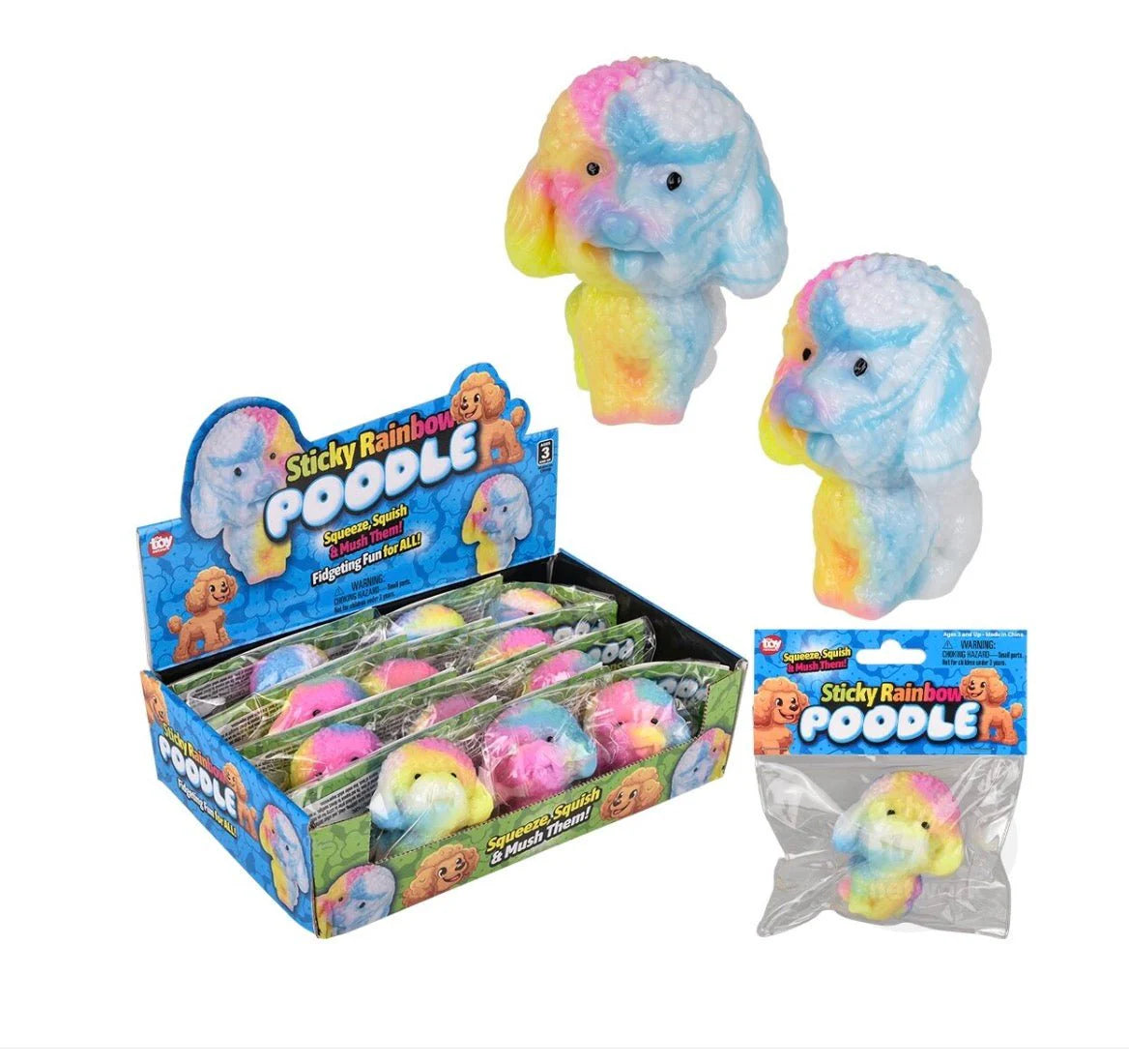 Sticky Rainbow Poodle toys with packaging on a white background