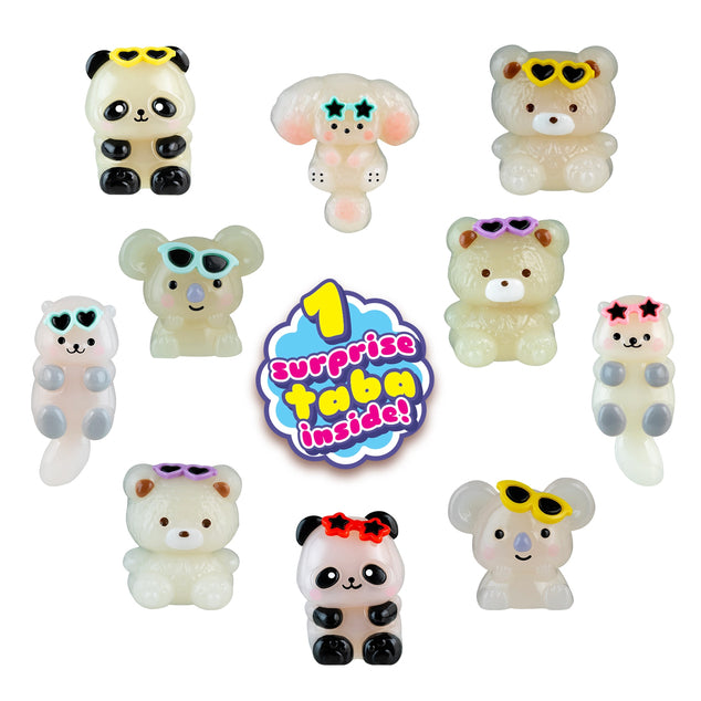 Set of cute animal figurines with sunglasses and a '1 surprise taba inside!' label on a white background.