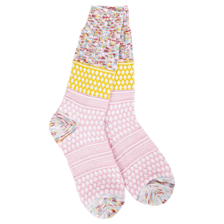 Pink and yellow multicolor textured knit crew socks with Fair Isle pattern